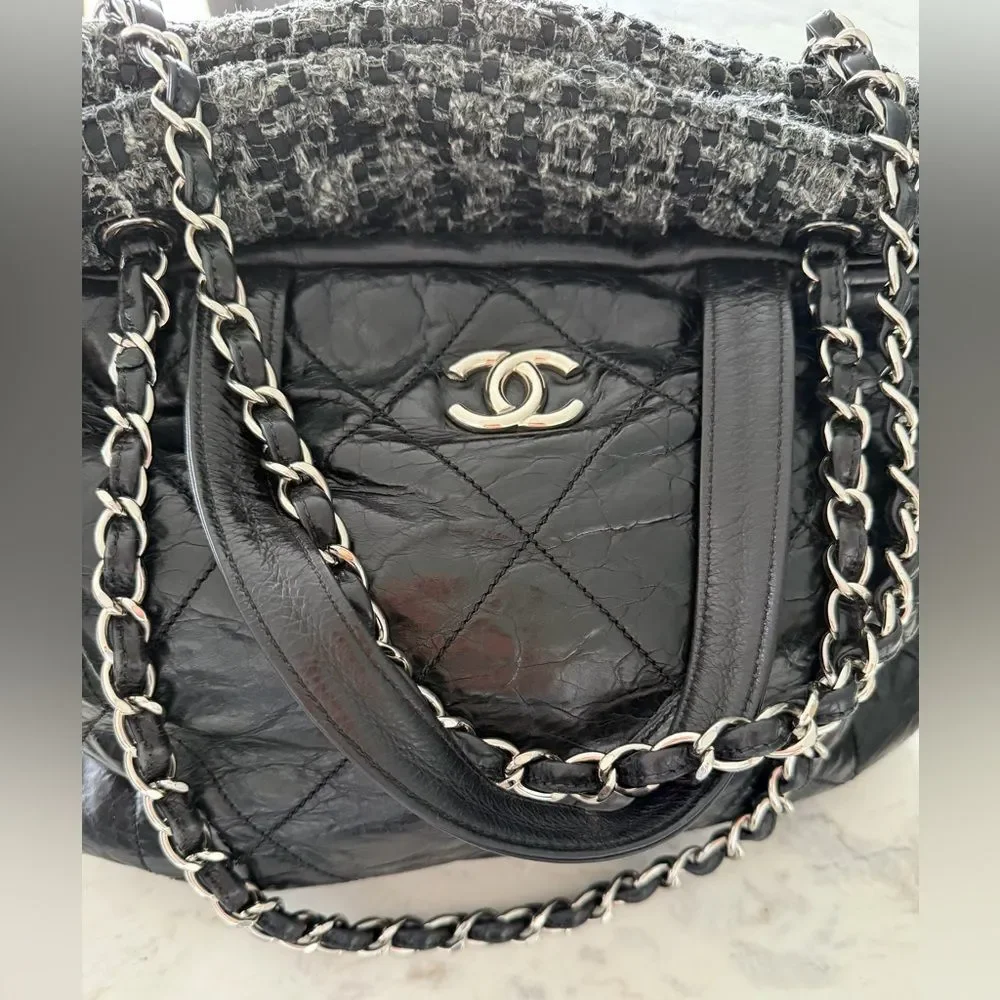 CHANEL Black Quilted Tote with Chain Detail
